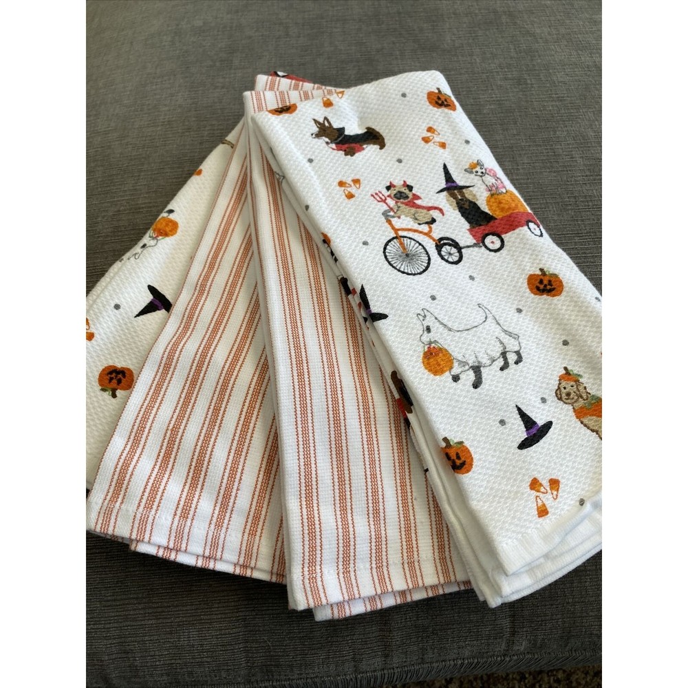 Storehouse Kitchen Hand Fall Harvest Towel Set Dog Towels 4 Towels Halloween New